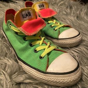 CONVERSE All Star CHUCKS Low Top Double Tongue Neon GREEN/PINK SIZE 5 #614129F